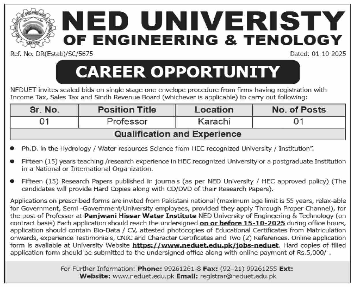 Ned University of Engineering & Technology Jobs